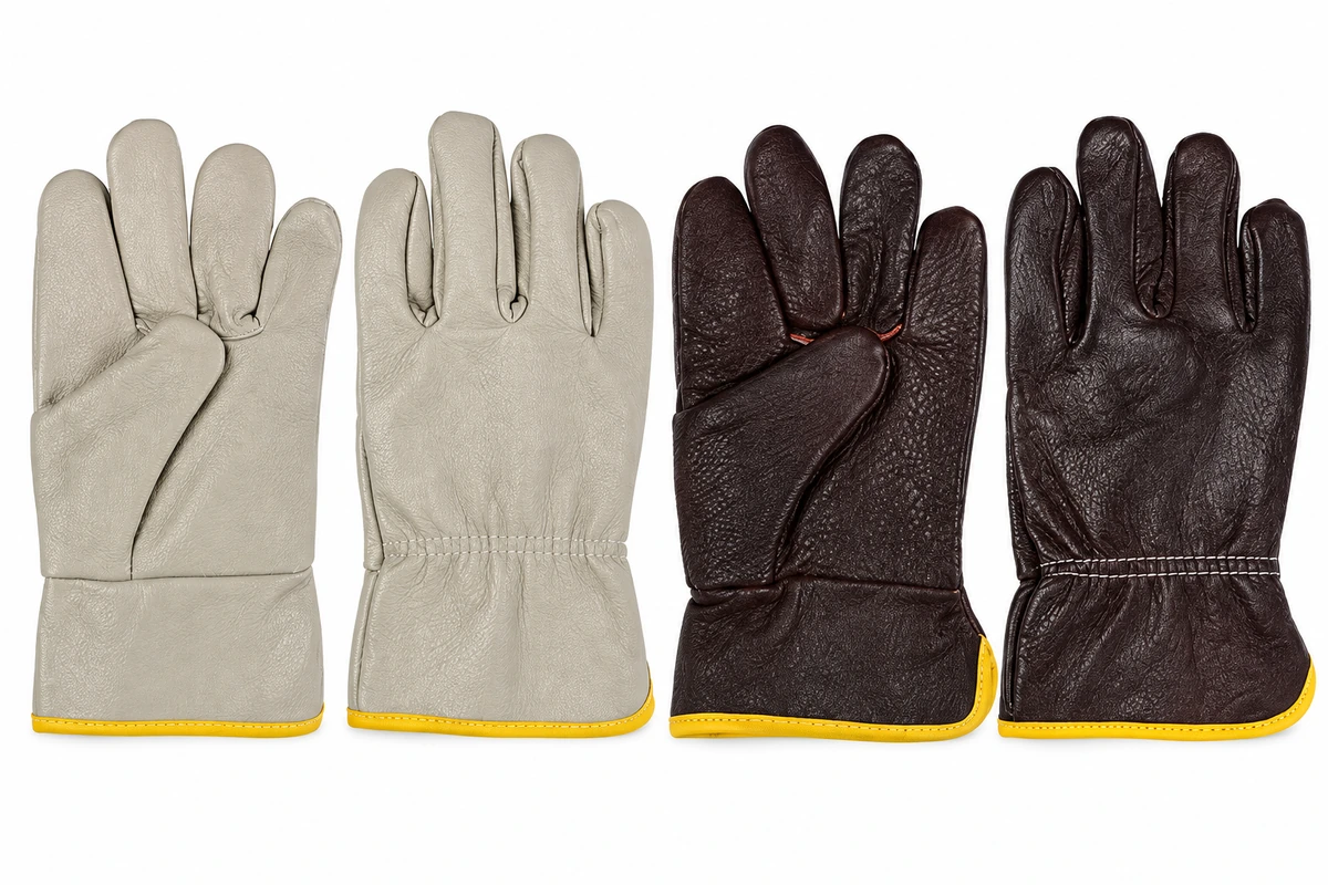 Light gray and dark brown leather glove pairs with yellow cuff edges