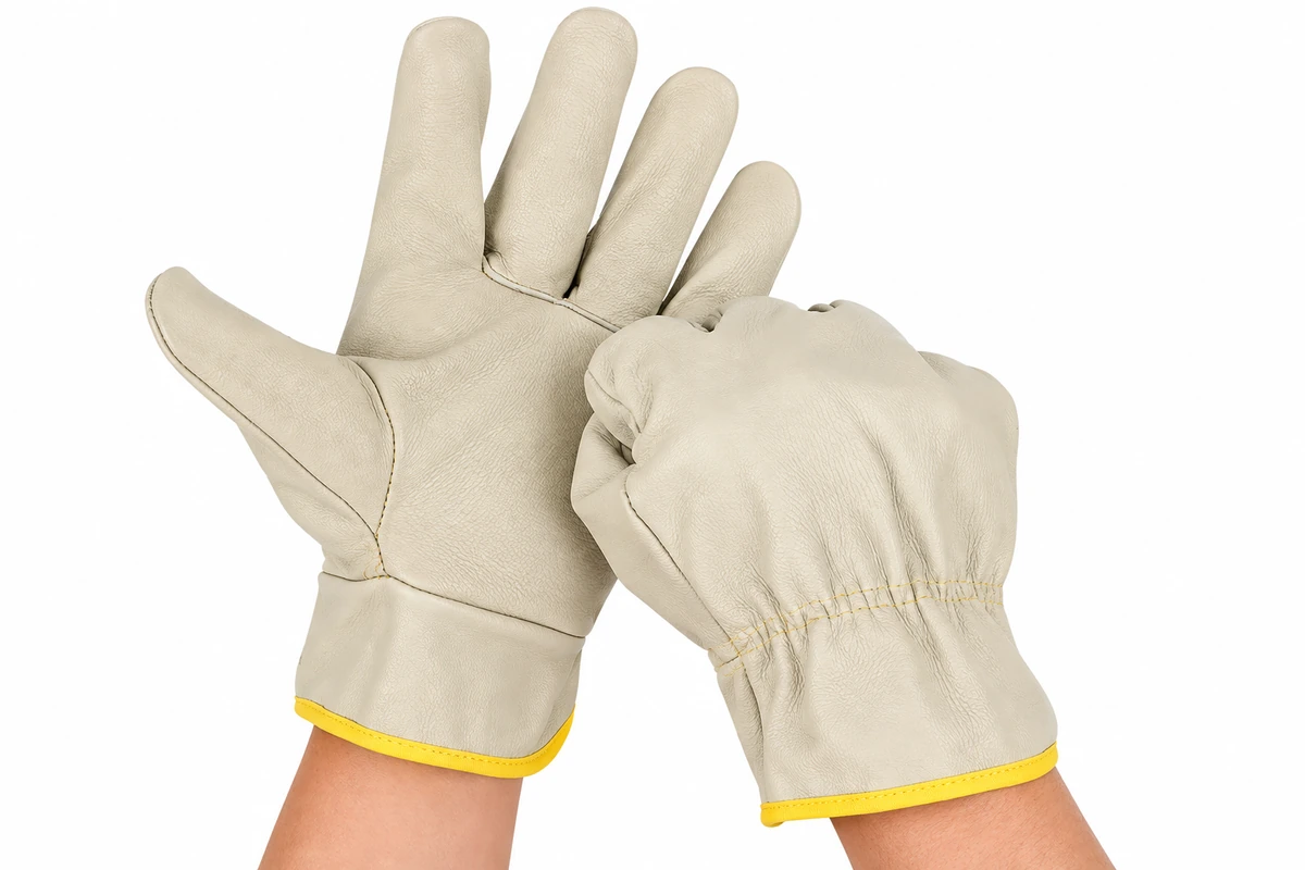 Cream leather gloves worn with open palm and curled fingers