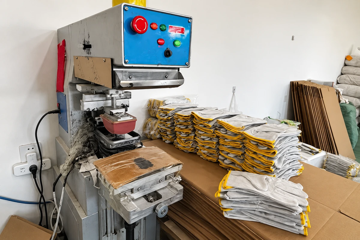 Glove printing machine beside stacks of gray gloves