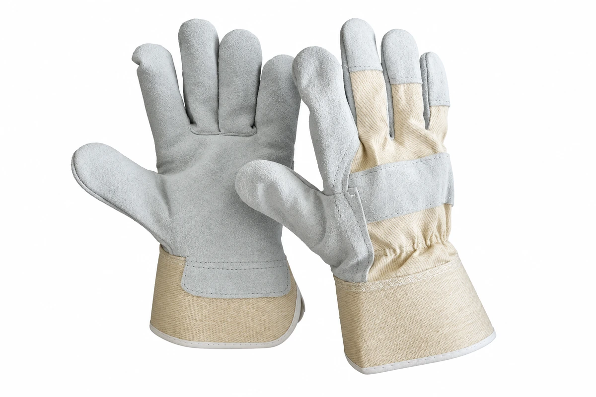 Gray leather work gloves with cream textile backs and cuffs
