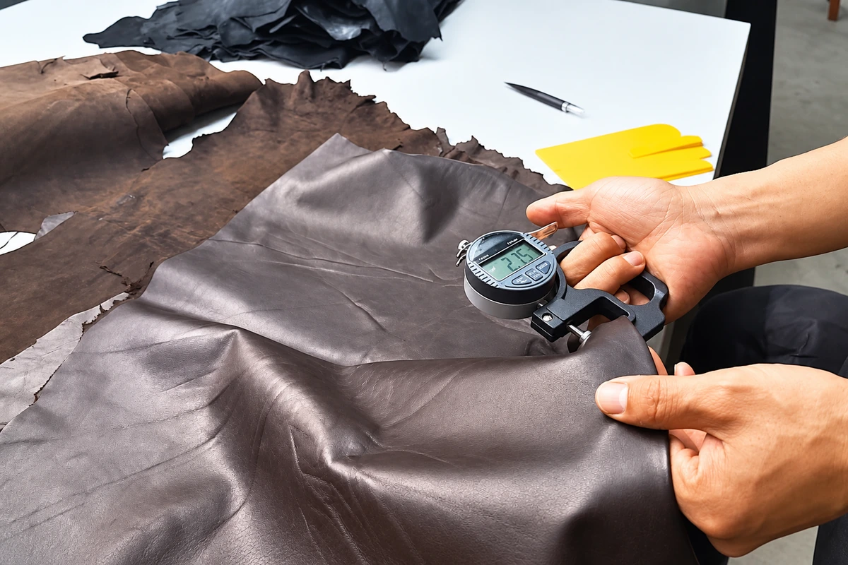 Hands checking leather thickness with a digital gauge