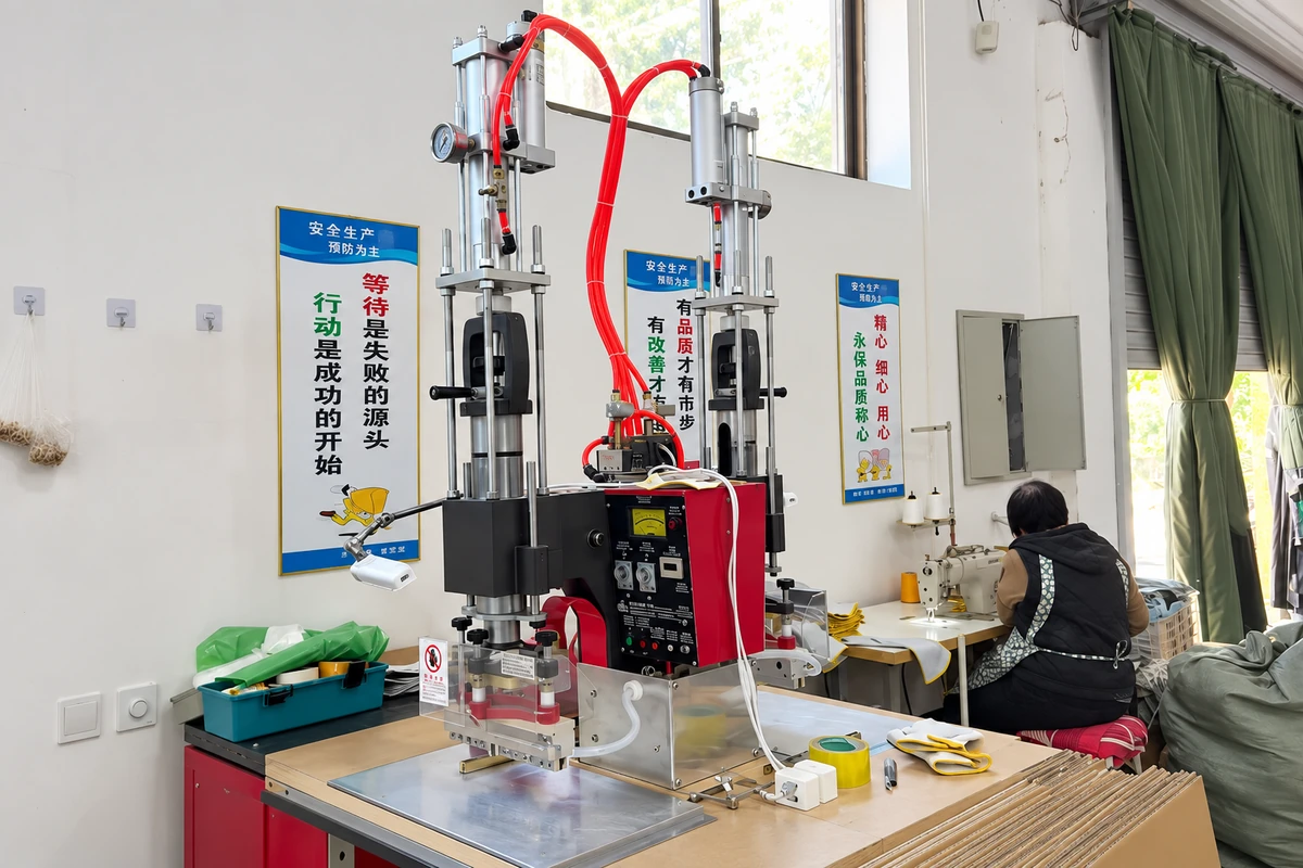 Pneumatic press equipment at a glove production workstation