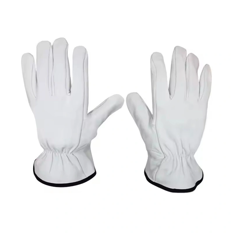 White leather work gloves with black cuff edges and gathered wrists
