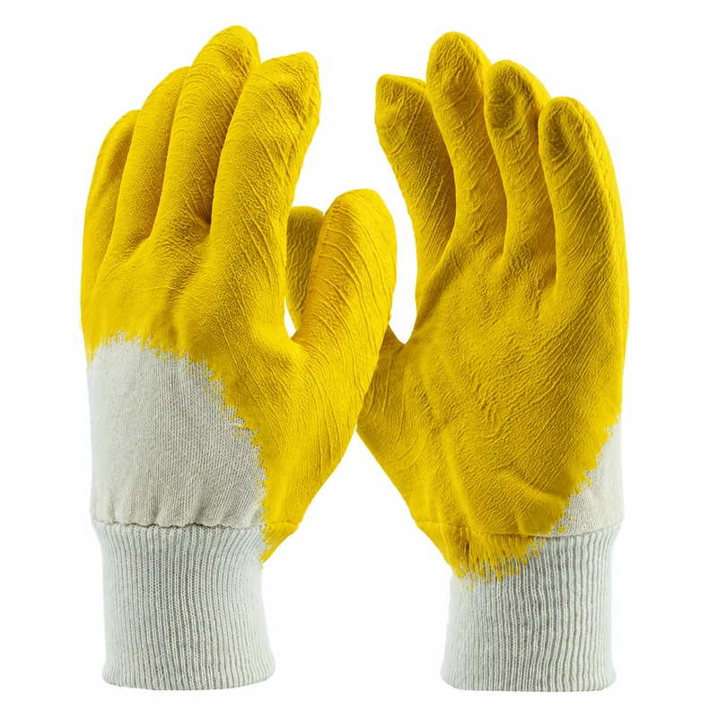 Yellow coated work gloves with white knitted cuffs