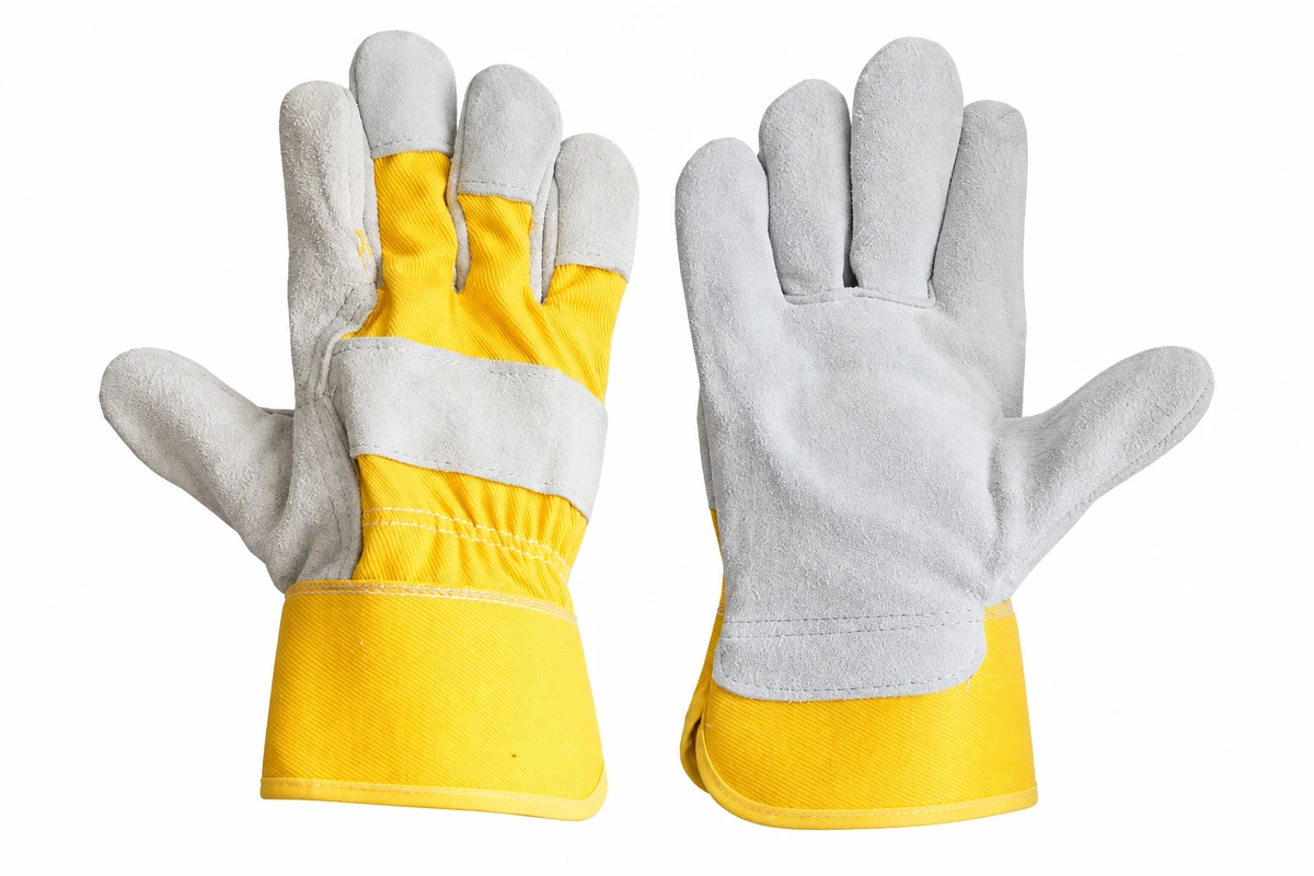 Gray leather work gloves with yellow fabric backs and cuffs