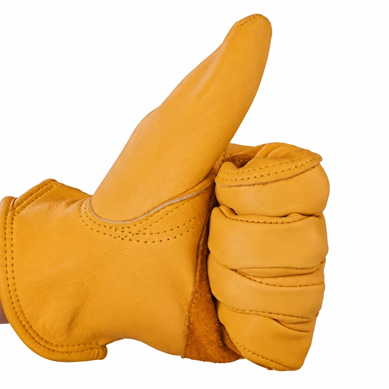 Yellow leather glove with curled fingers and extended thumb