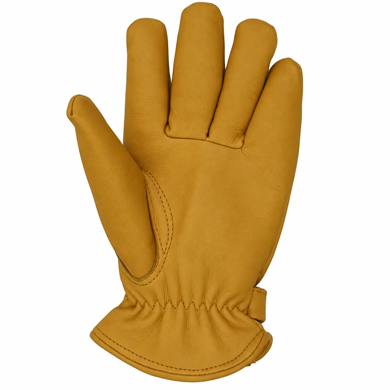 Palm view of a yellow leather glove with gathered wrist