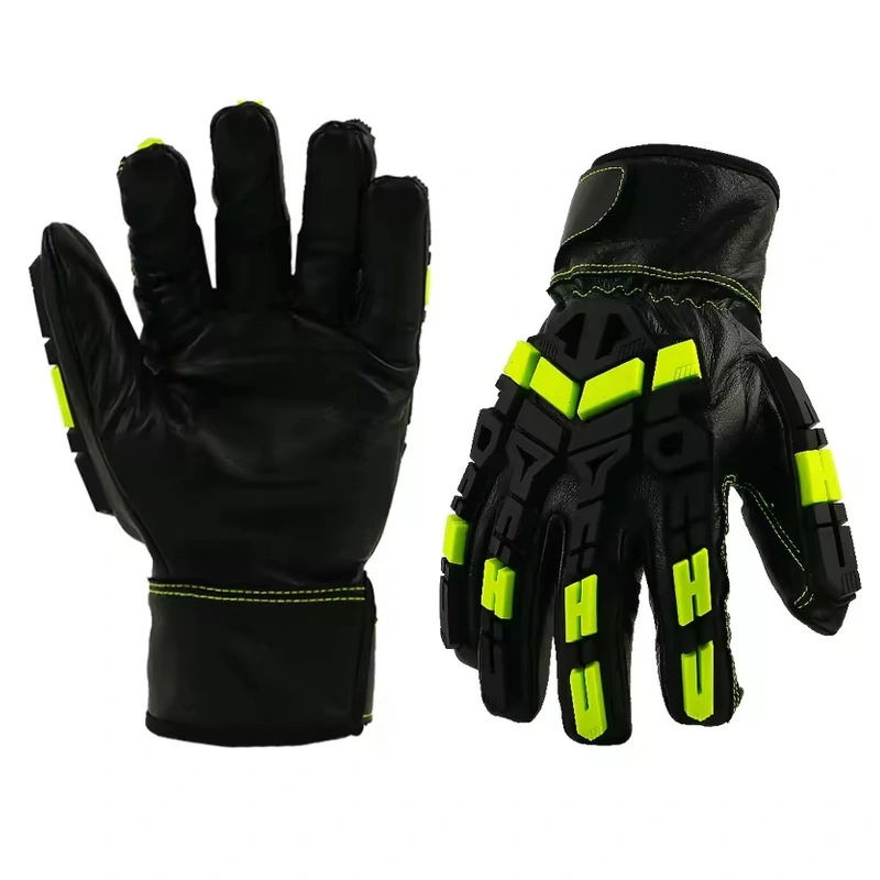 Black gloves with lime accents and raised finger and knuckle guards