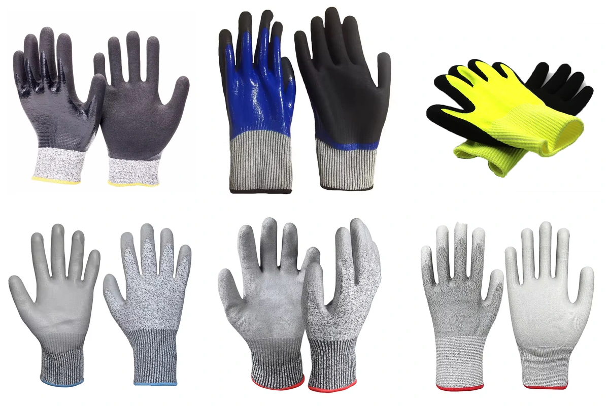 Six glove examples with different knit backs, coated palms and cuff finishes