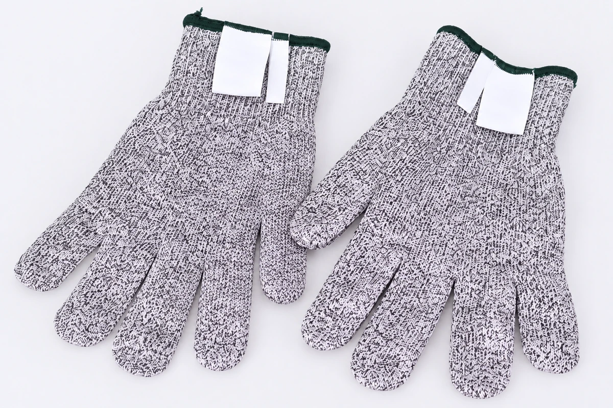 Gray knitted glove pair with plain white cuff labels