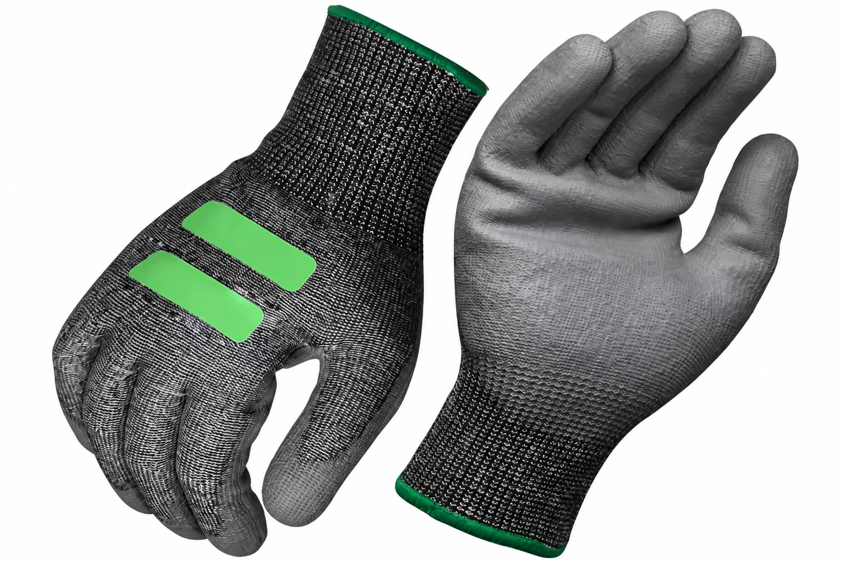 Gray coated glove pair with green rectangular markings on the back