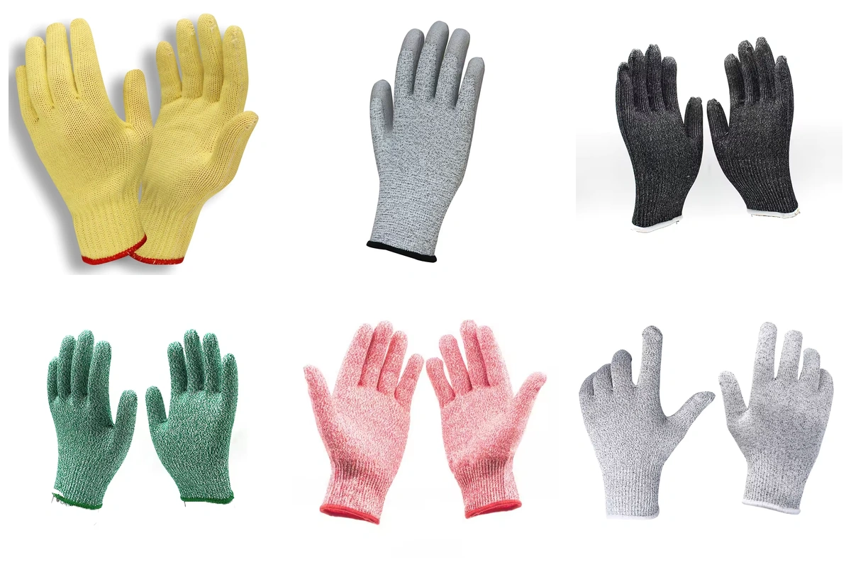 Six knitted glove examples in yellow, gray, black, green, pink and light gray