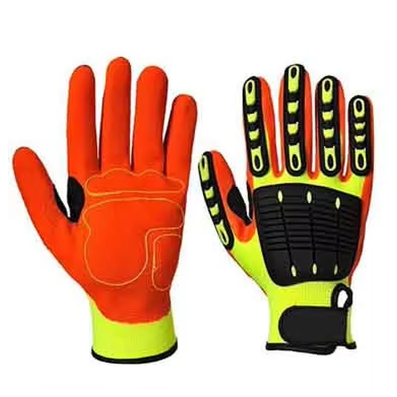 Orange and black work gloves with lime finger guards and wrist closures