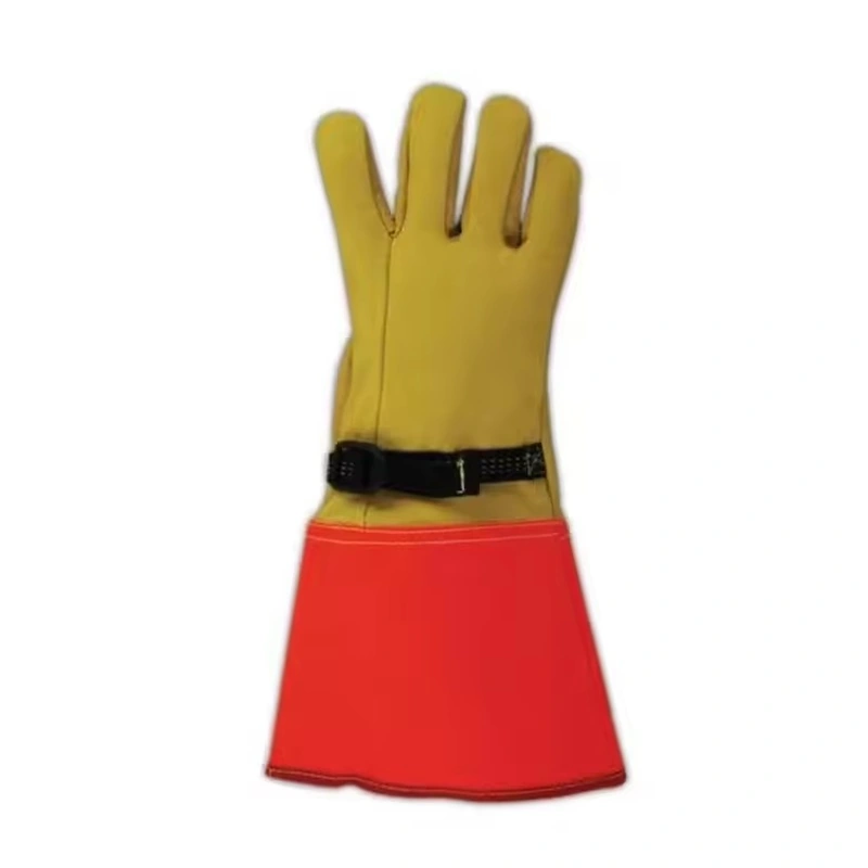 Yellow glove with a red extended cuff and black wrist strap