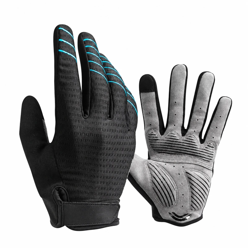 Black full-finger gloves with gray ribbed palms and blue finger lines