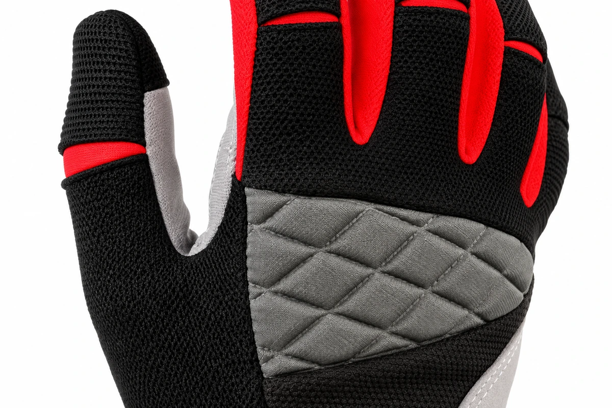 Black mesh fabric and gray quilted panel on a glove back