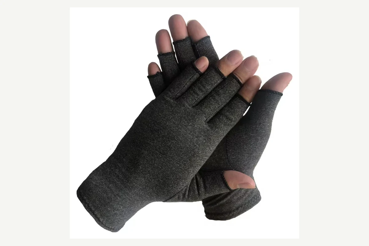 Black knit fingerless gloves with open fingertips