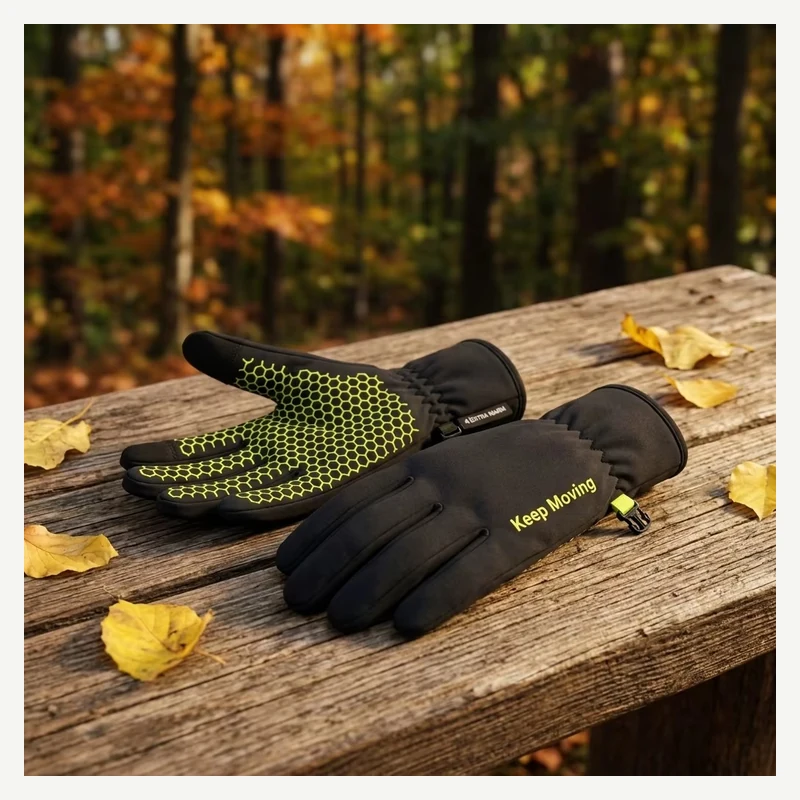 Black outdoor gloves photographed in a woodland setting