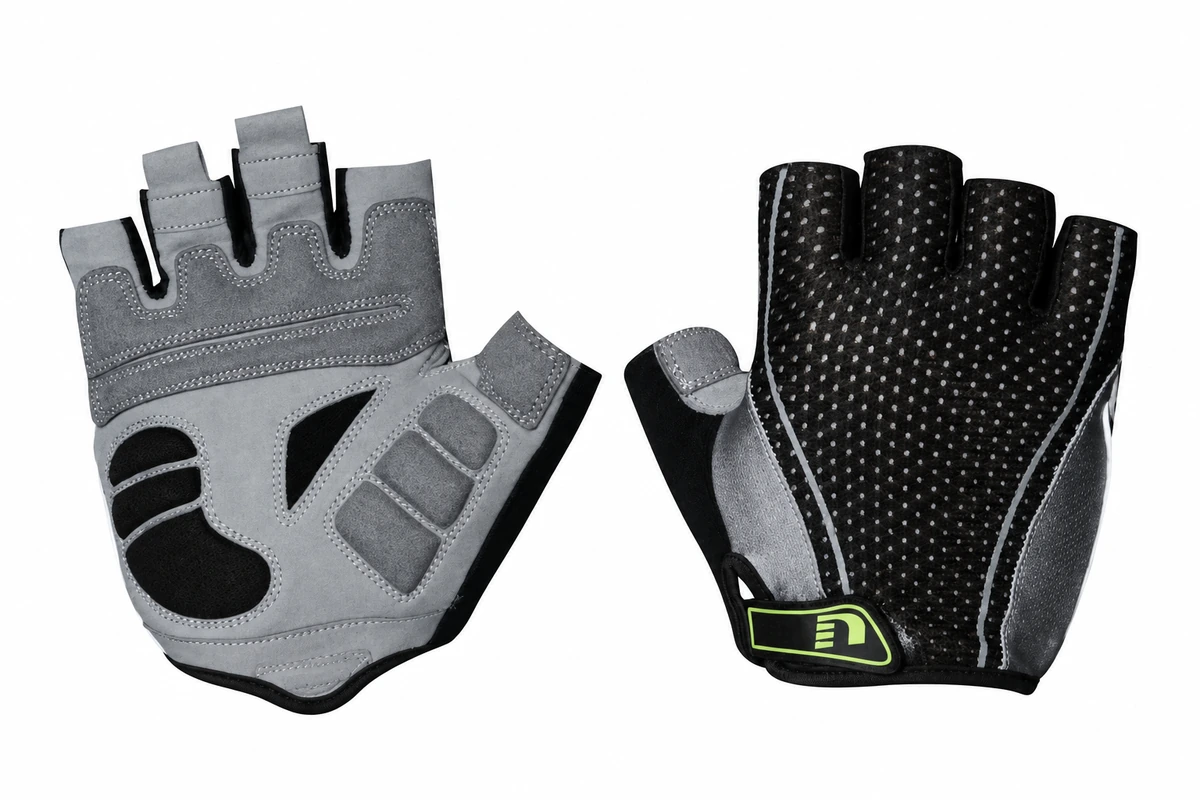 Gray and black short-finger gloves with padded palms and wrist straps