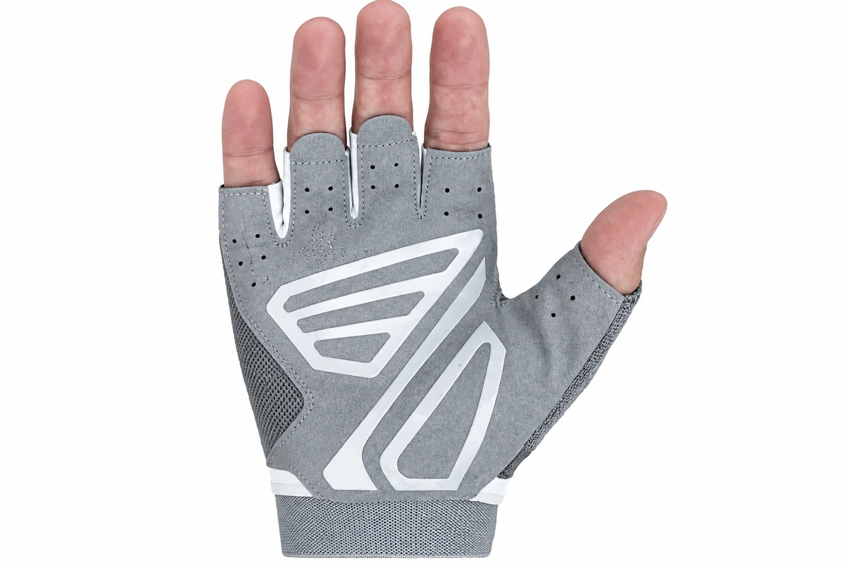 Gray palm panels on a worn half-finger glove