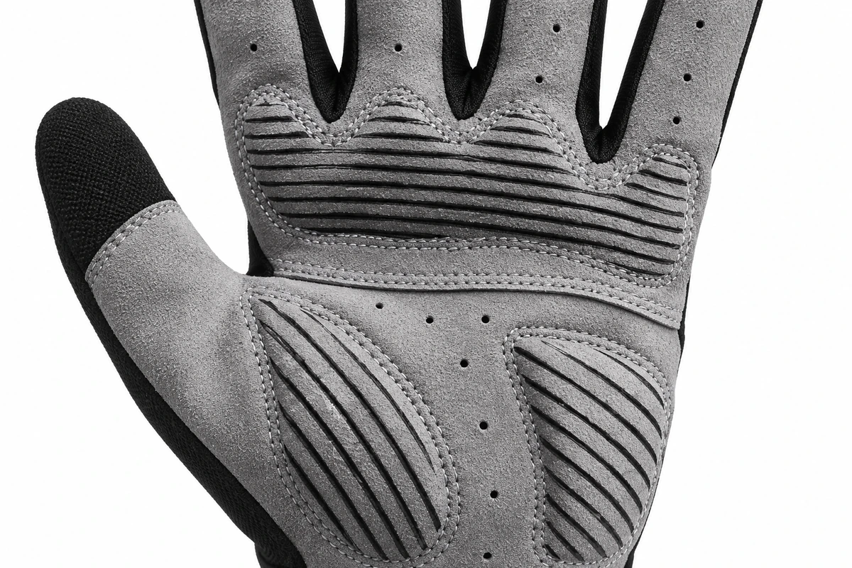 Stitched ribbed pads on a gray glove palm
