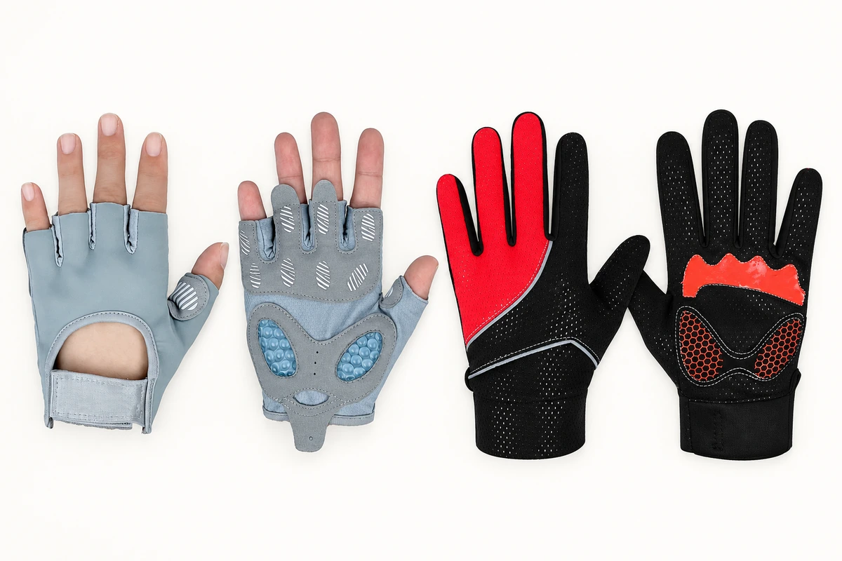 Gray half-finger and red black full-finger glove pairs