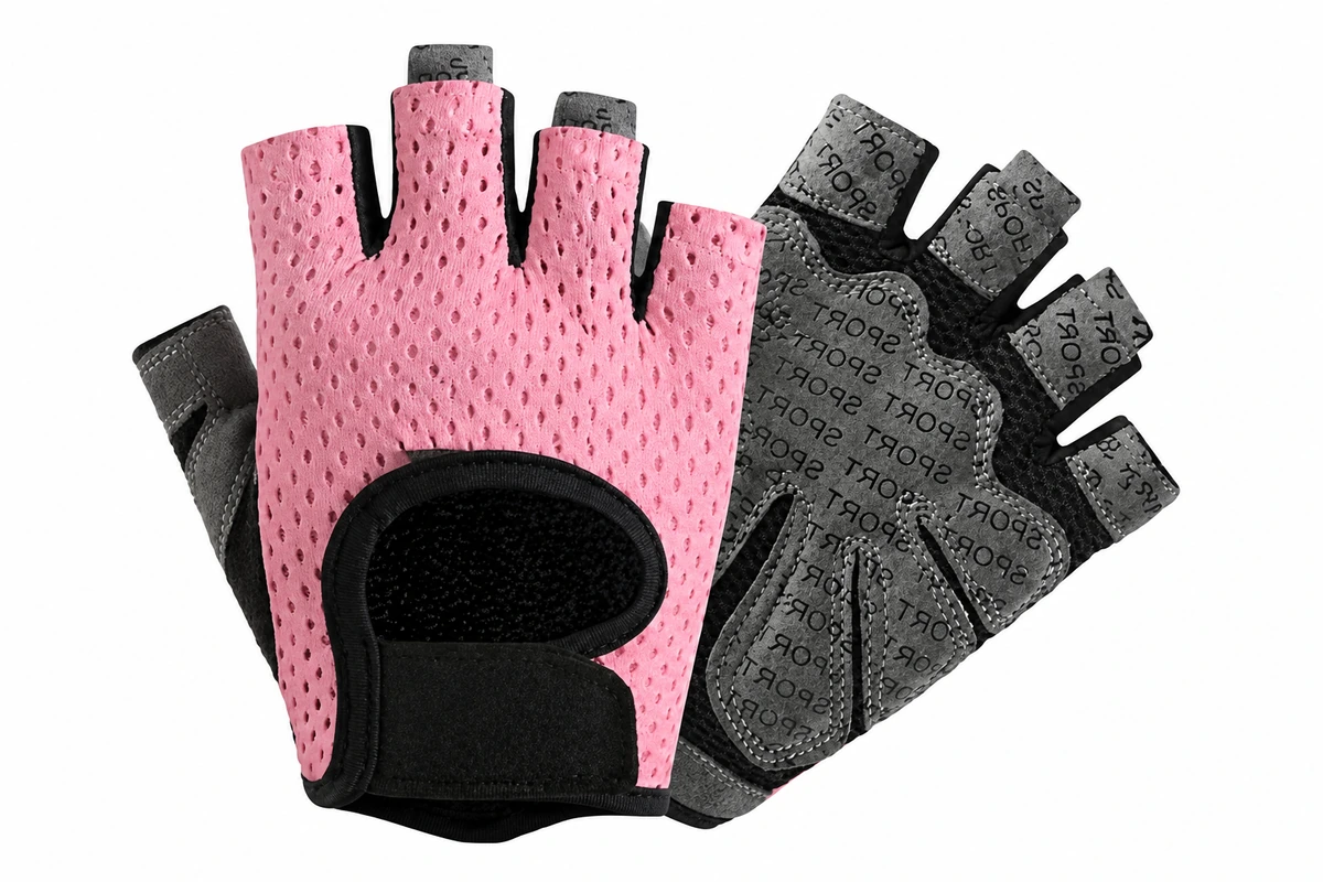 Pink and black half-finger gloves with mesh backs and gray textured palms