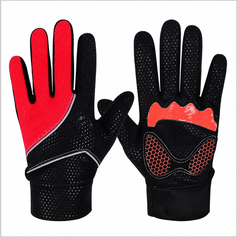 Red and black full-finger gloves showing mesh and patterned palm pads