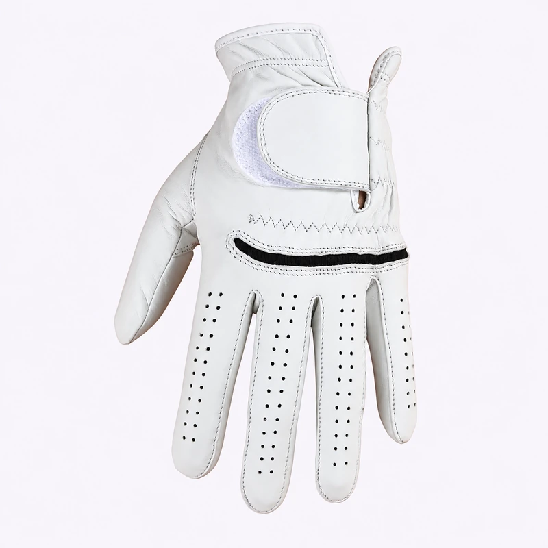 White golf glove with perforated fingers and wrist closure