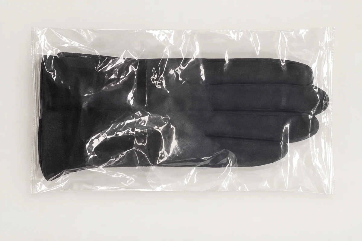 Black leather gloves packed in a clear plastic bag
