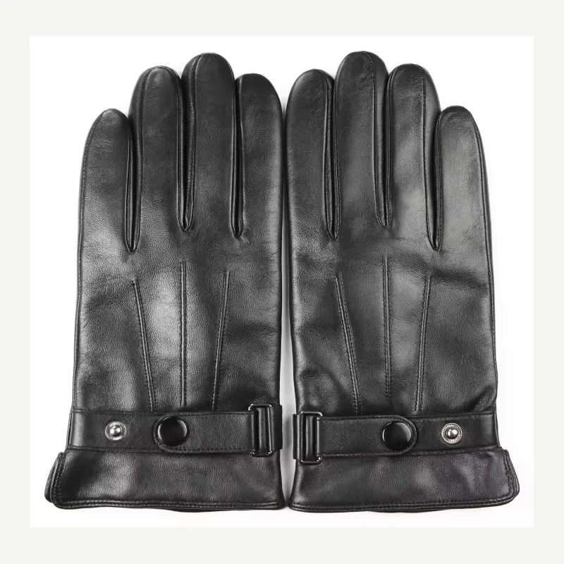 Black leather driving gloves with decorative stitching