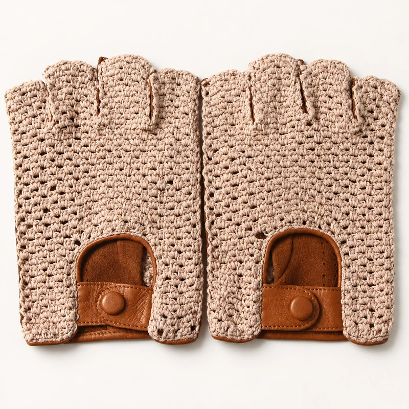 Fingerless gloves with beige crochet backs and brown leather wrist straps
