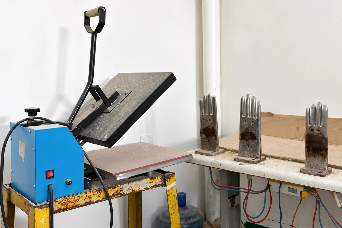 Manual heat press beside metal glove forms in a workshop