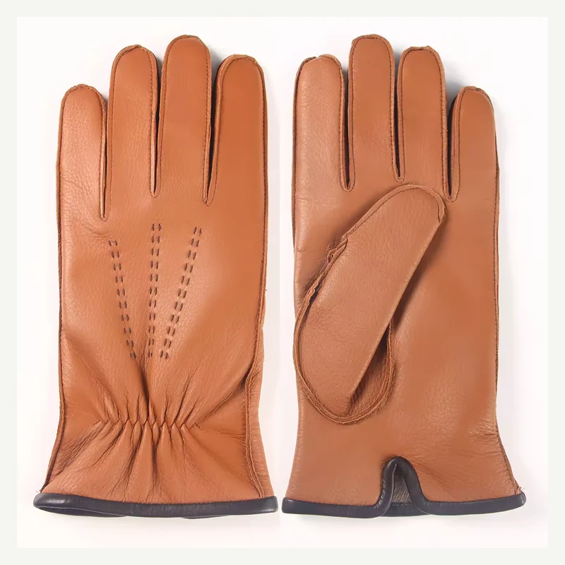 Tan leather fashion gloves with gathered wrist detail