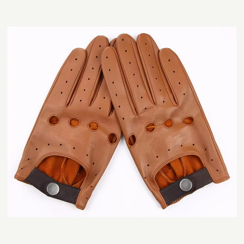 Tan leather driving gloves with perforations and snap wrist straps