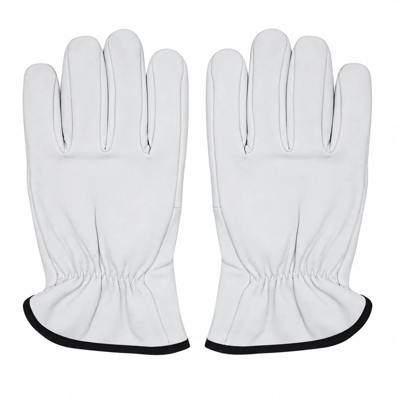 White leather glove pair with gathered wrists and black cuff trim