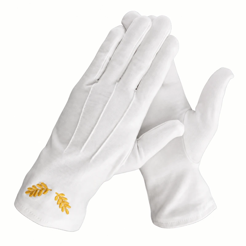 White formal gloves with gold leaf embroidery at the cuff