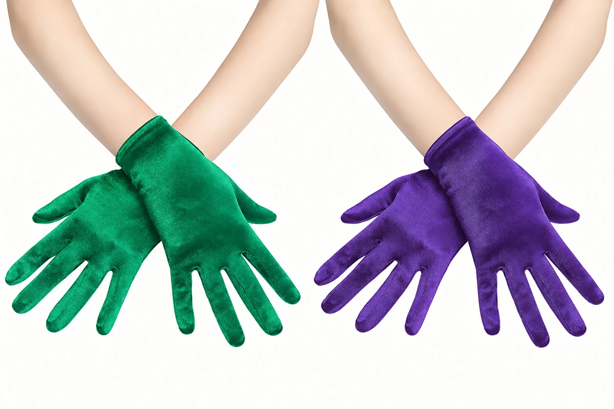 Green and purple fabric gloves shown on crossed hands