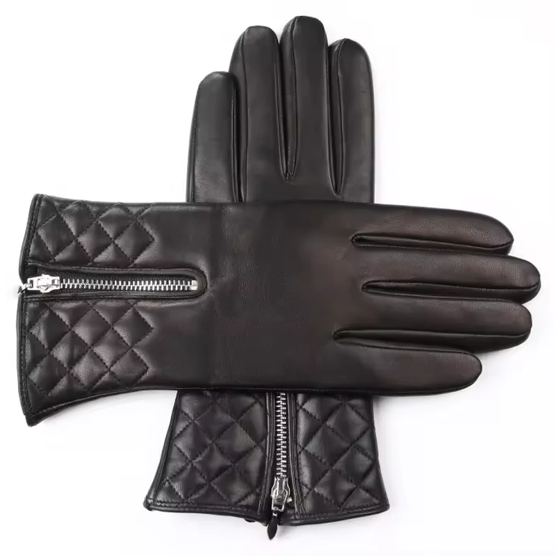 Black leather gloves with quilted cuffs and wrist zippers