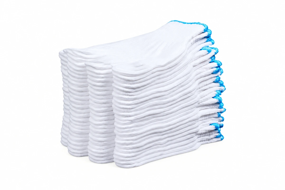 White gloves stacked with blue cuff edging