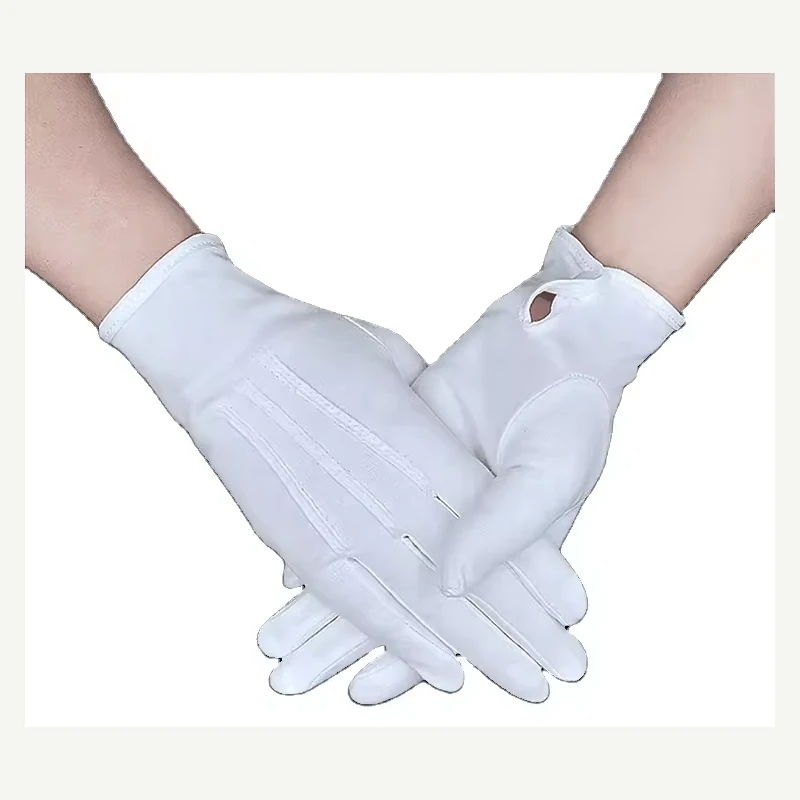 White formal event gloves worn with crossed hands