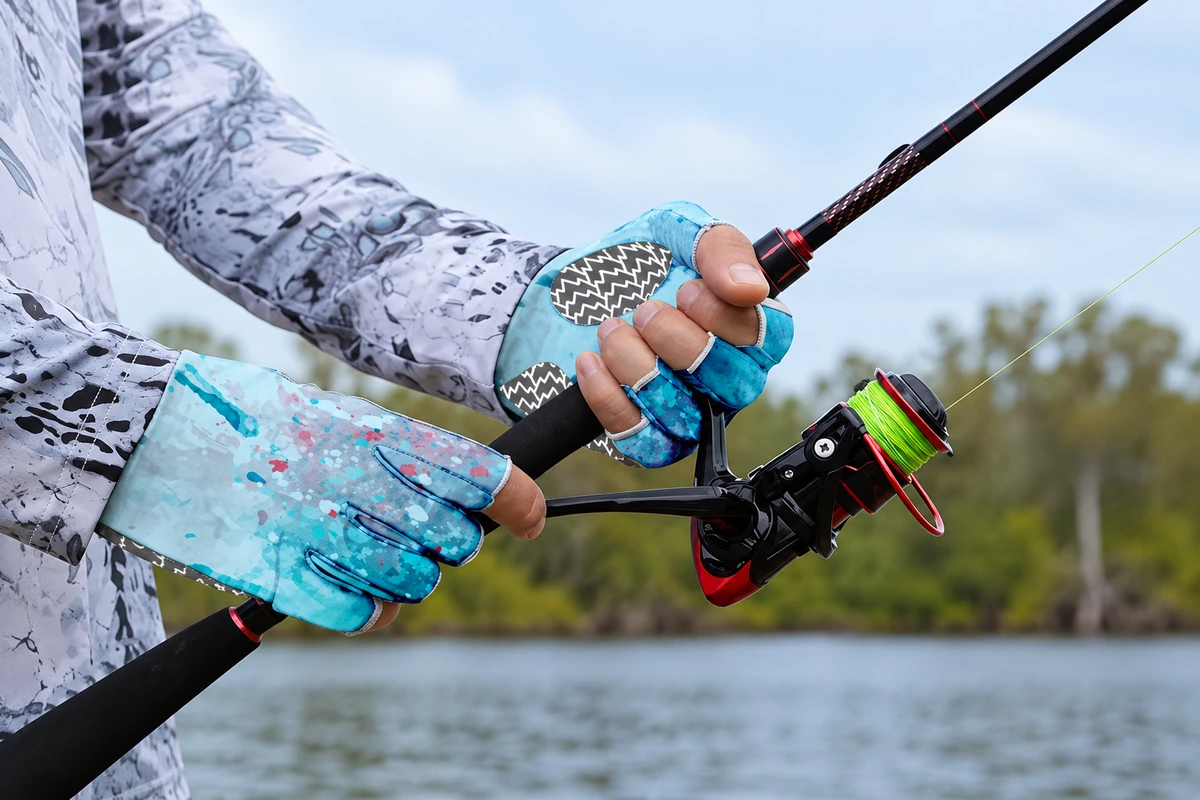 Blue patterned fishing gloves holding a rod and reel outdoors