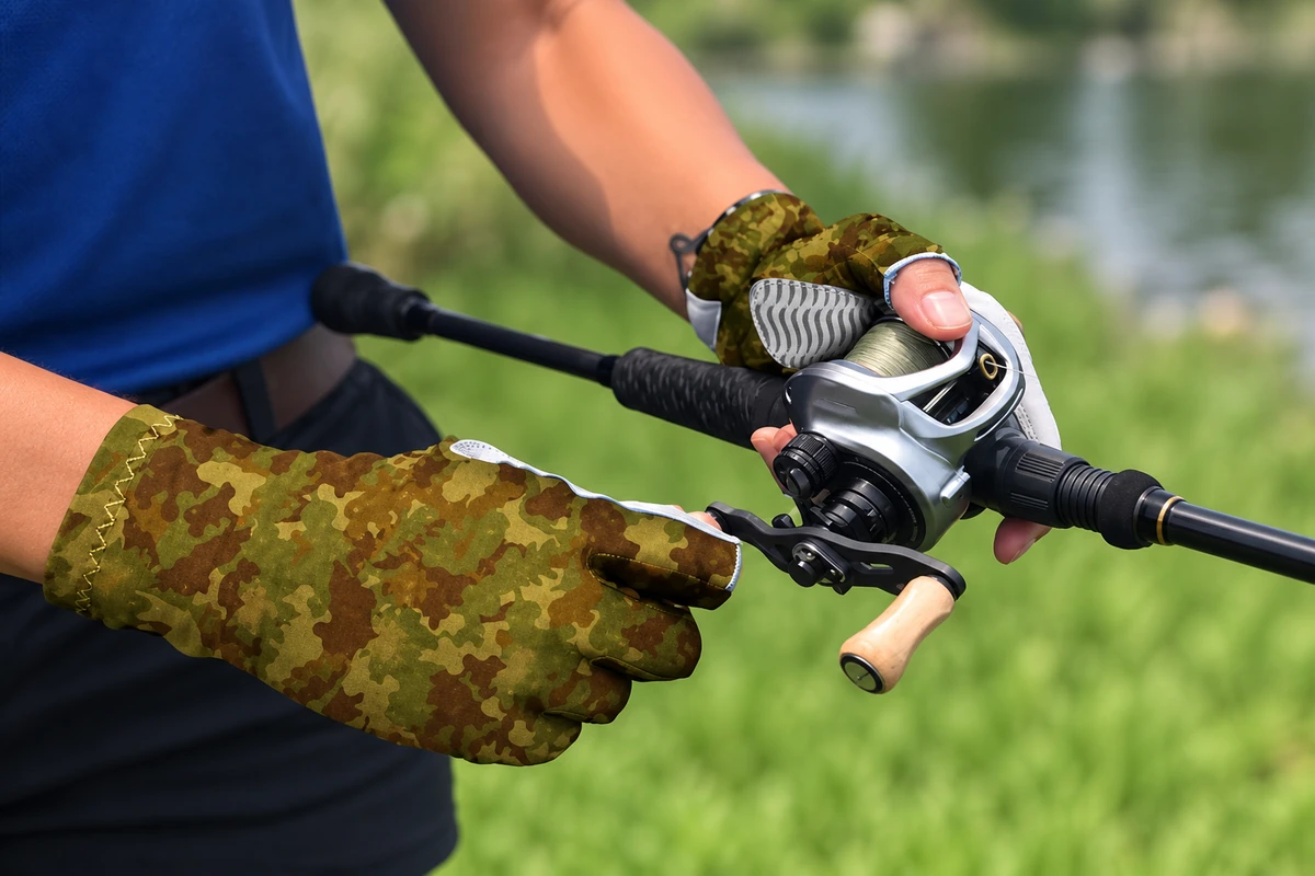 Camouflage fingerless gloves holding a rod and reel