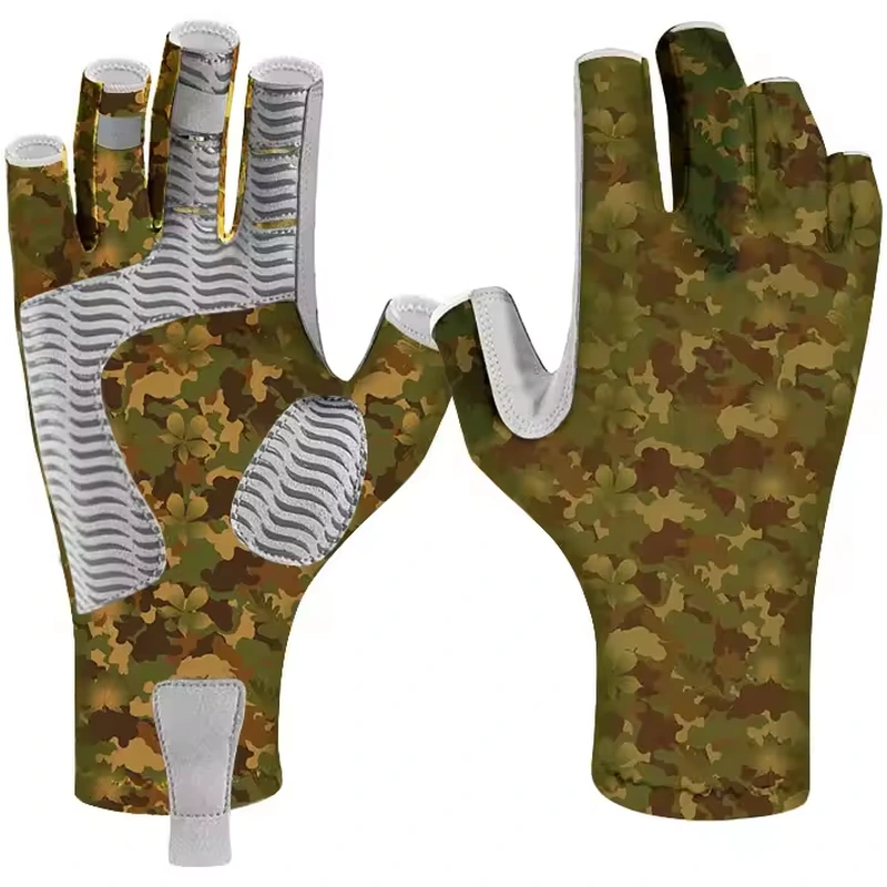 Camouflage fishing gloves with open fingertips and grip palms