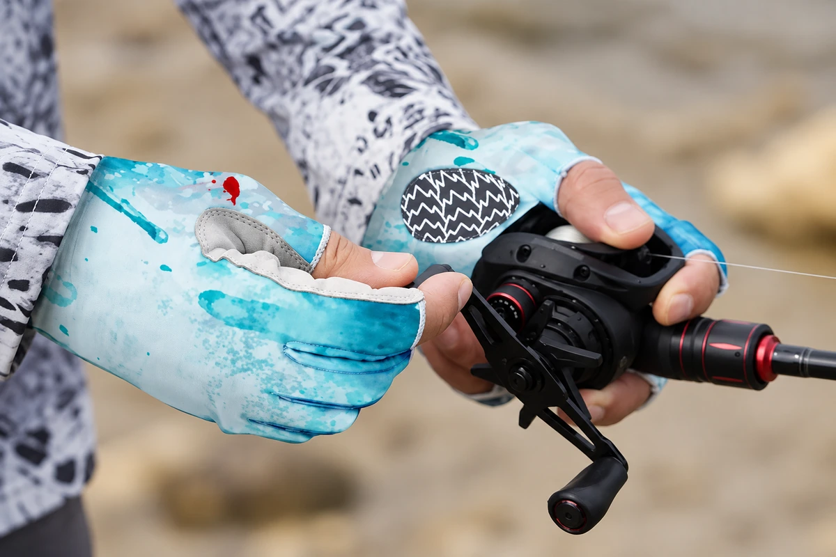 Blue patterned fingerless glove fitted around a fishing reel