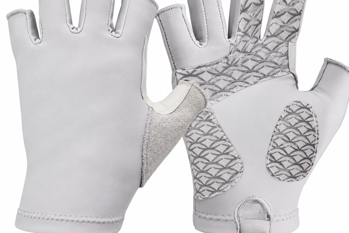 Patterned palm patches and stitched fabric joins on a light gray glove