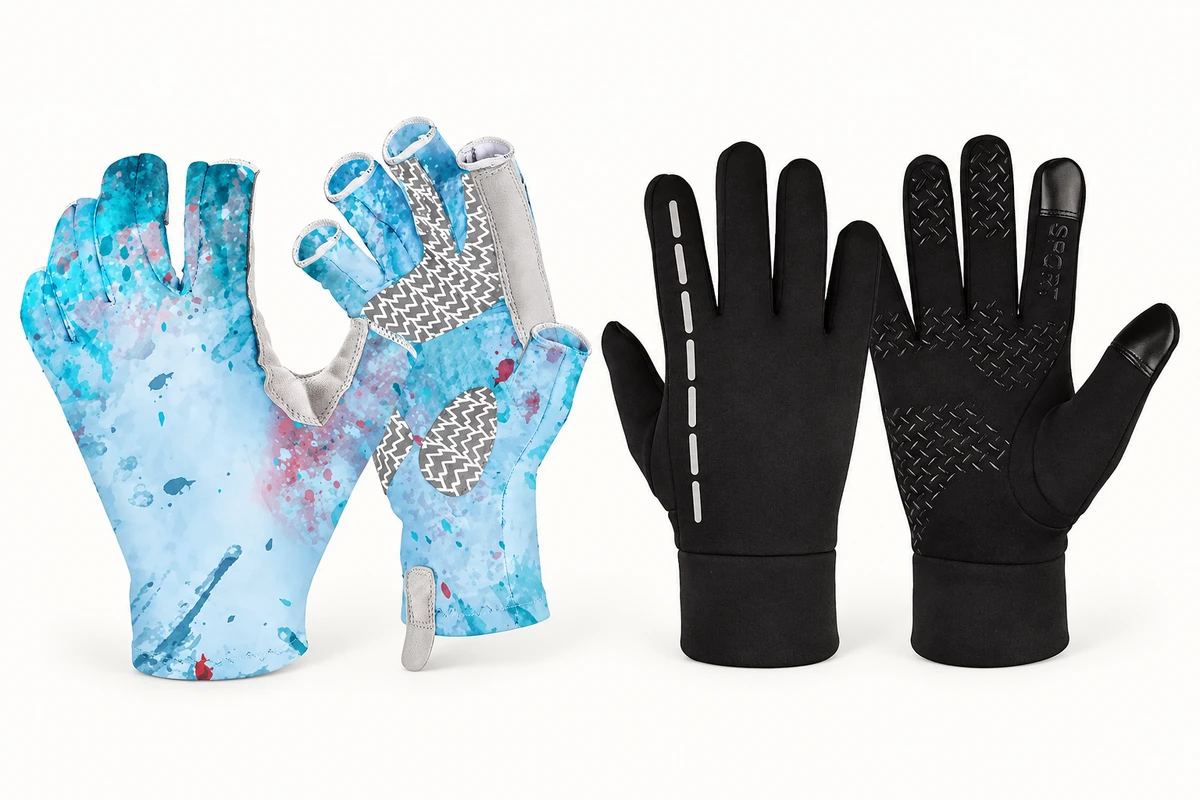 Blue half-finger and black full-finger glove pairs