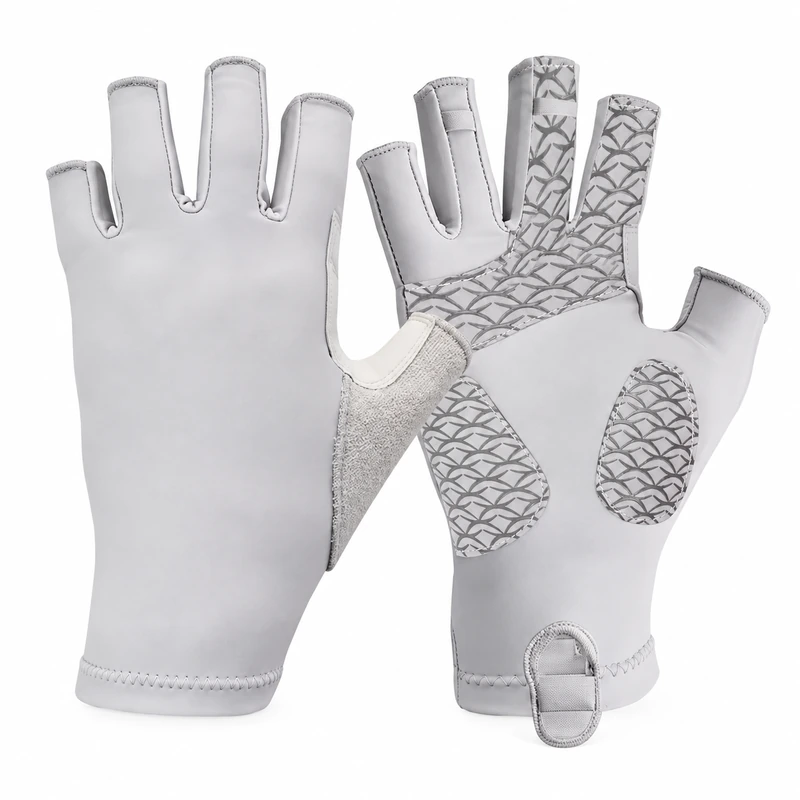 Light gray half-finger fishing gloves with patterned palm patches