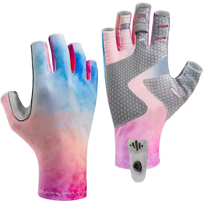 Pink and blue fingerless gloves with gray patterned palm patches