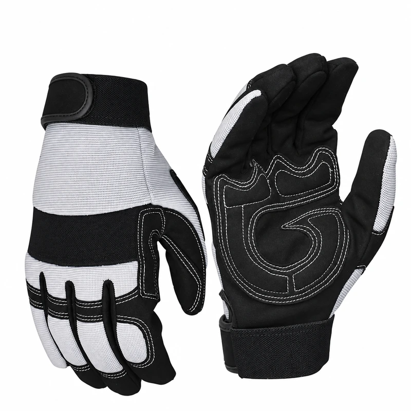 Black and gray mechanic gloves showing the back and stitched palm
